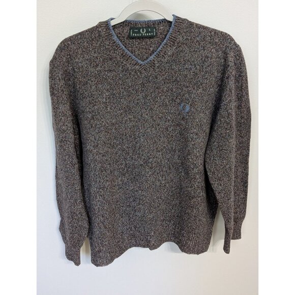 Fred Perry England Jumper Mens L Blue Brown Knit 100% Wool Long Sleeve Sweater - Picture 1 of 10